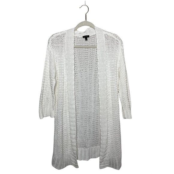 Talbots Cable Knit Cardigan Size XS White Mid Length Open Front 100% Cotton - Picture 1 of 5